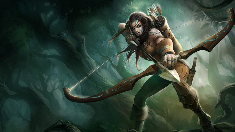Female Archer in Forest — Green, Dramatic, Digital Art, Bow