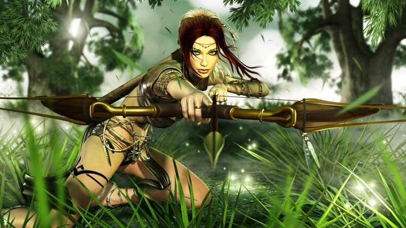 Female Archer in Forest — Green, Dramatic