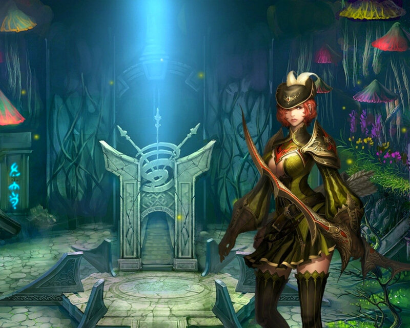 Female Archer in Forest — Green, Mysterious, Night, Digital Art, Mushrooms
