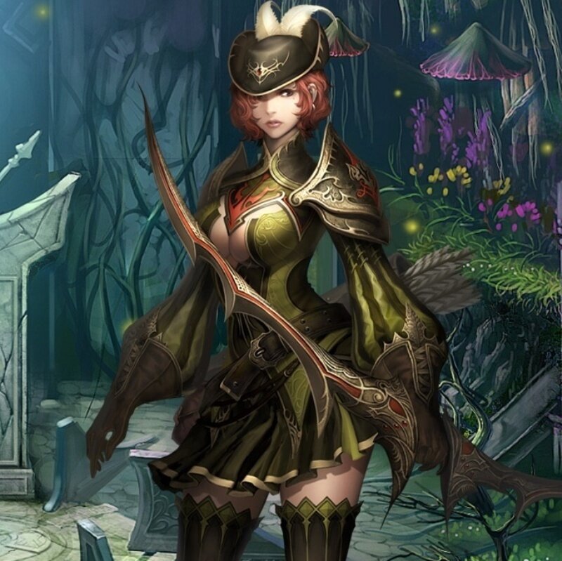 Female Archer in Forest — Green, Mysterious