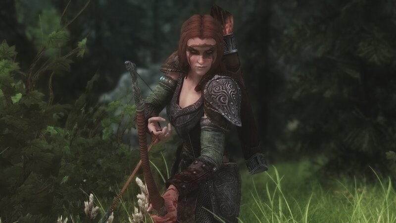 Female Archer in Forest — Green, Tense