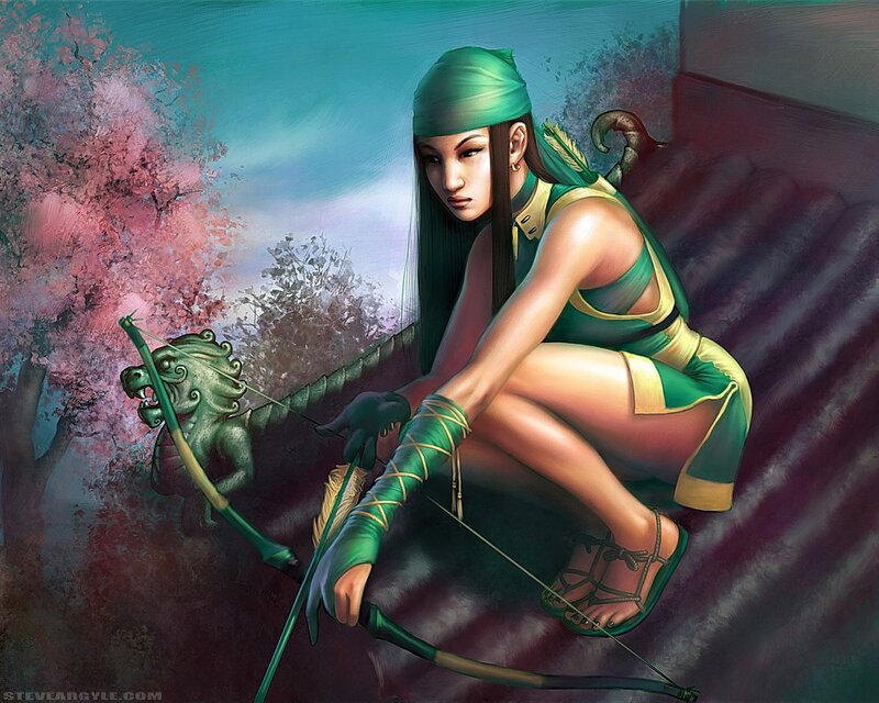 female archer in green attire
