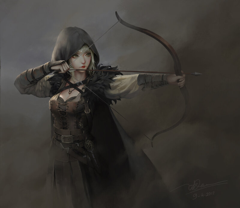 Female Archer in Hood — Gray, Dramatic