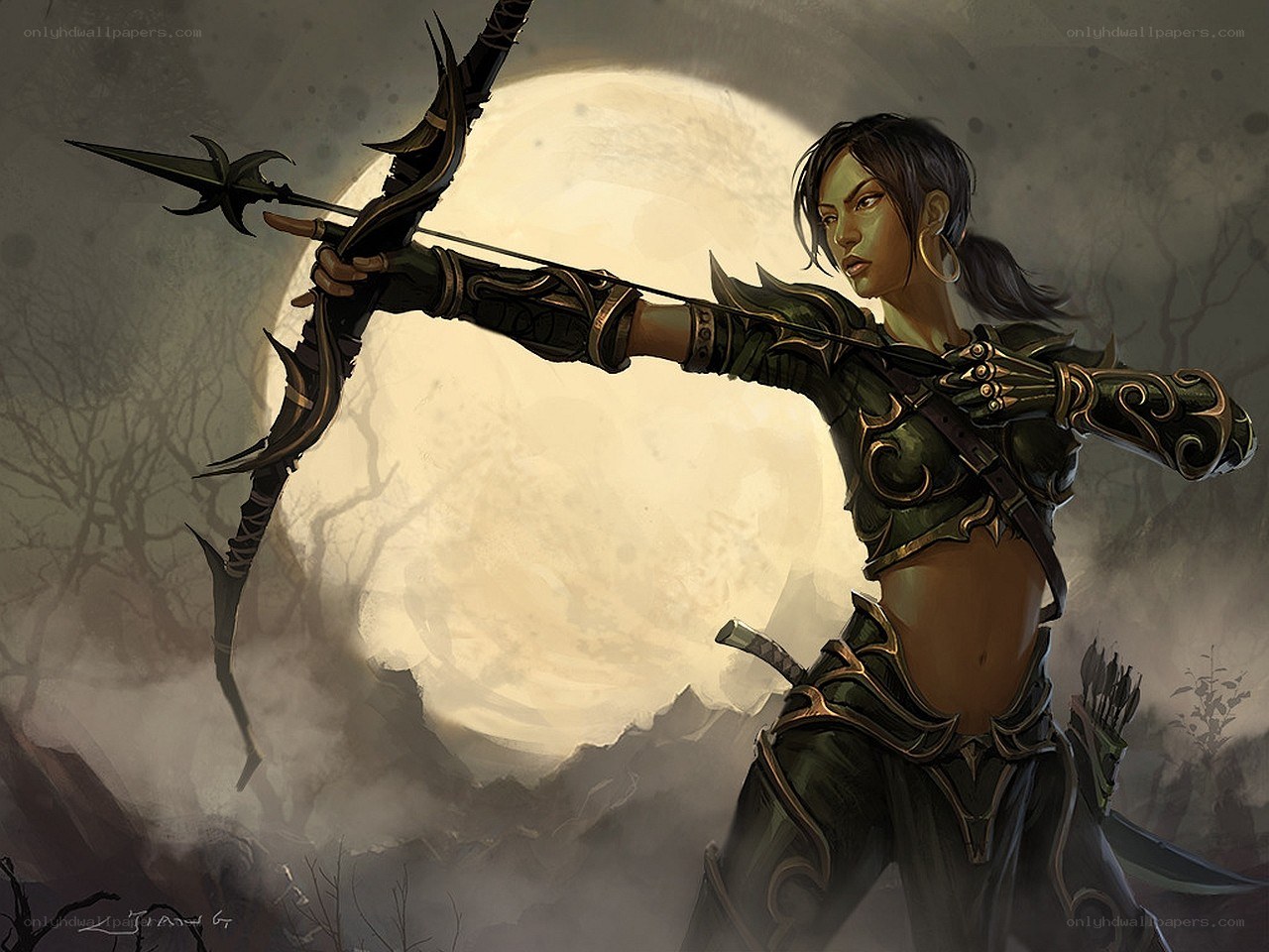 female archer in moonlight