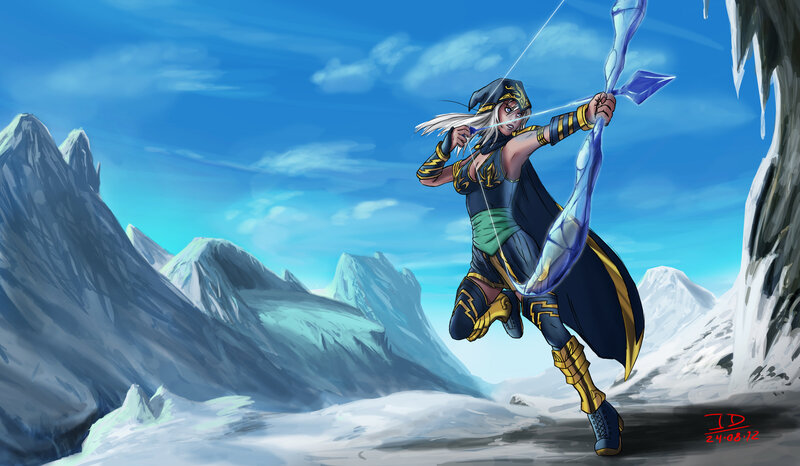 Female Archer in Mountains — Blue, Dramatic
