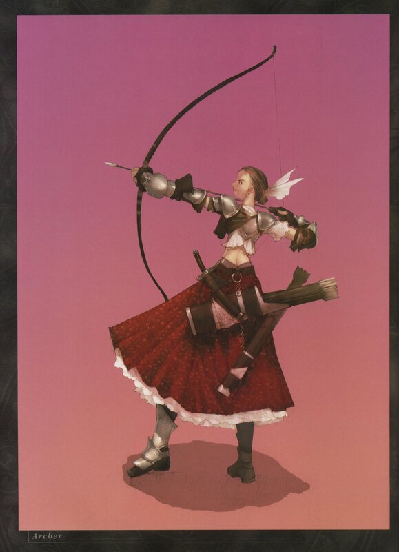 Female archer in red dress