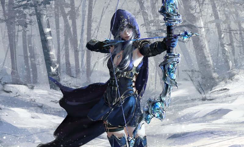 Female Archer in Snow — Blue, Dramatic
