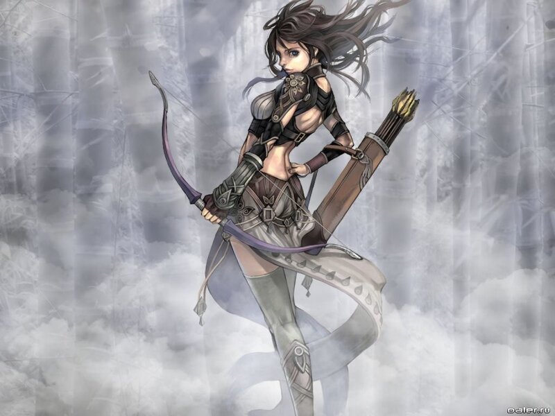 female archer in snowy forest