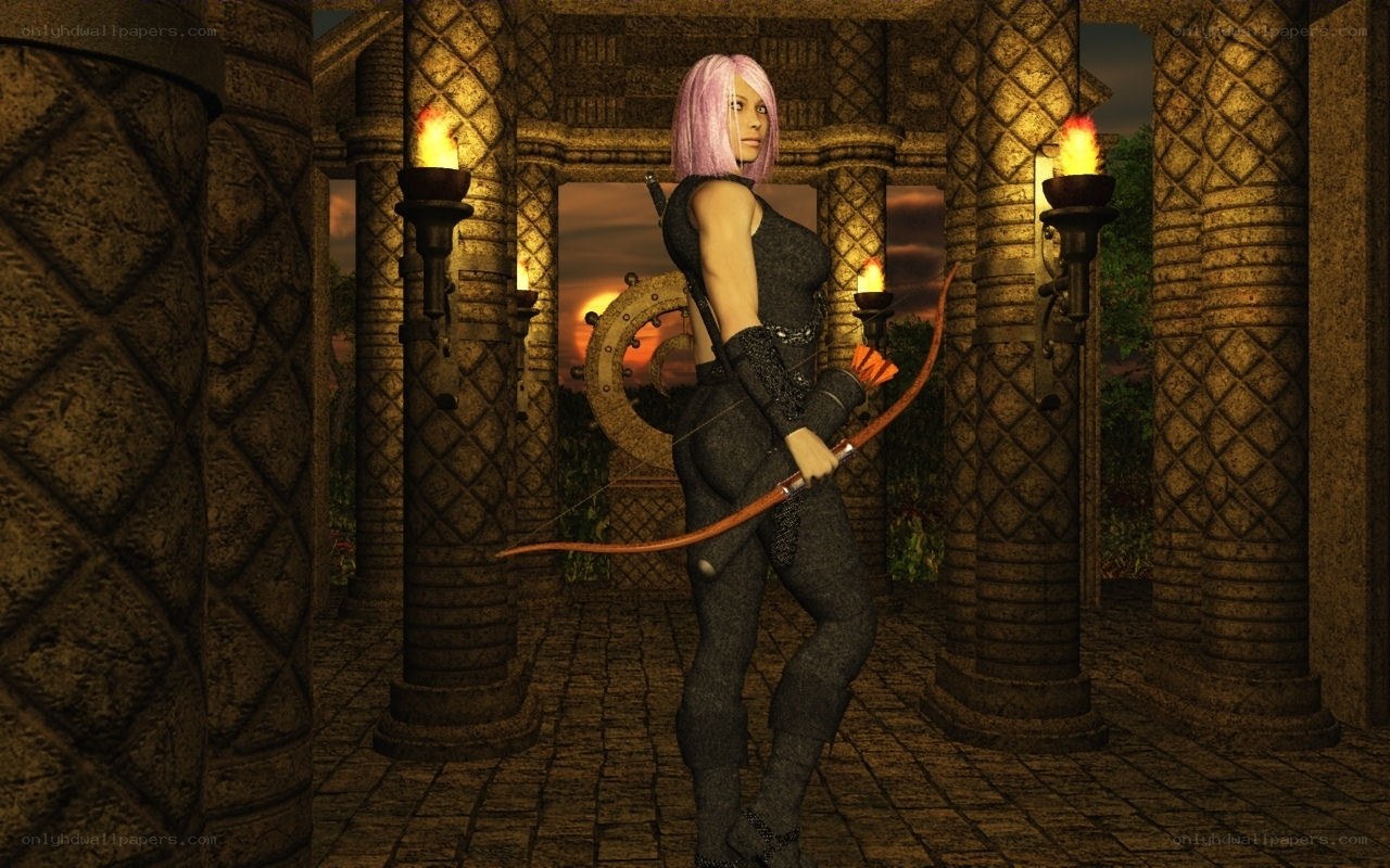 female archer in stone corridor