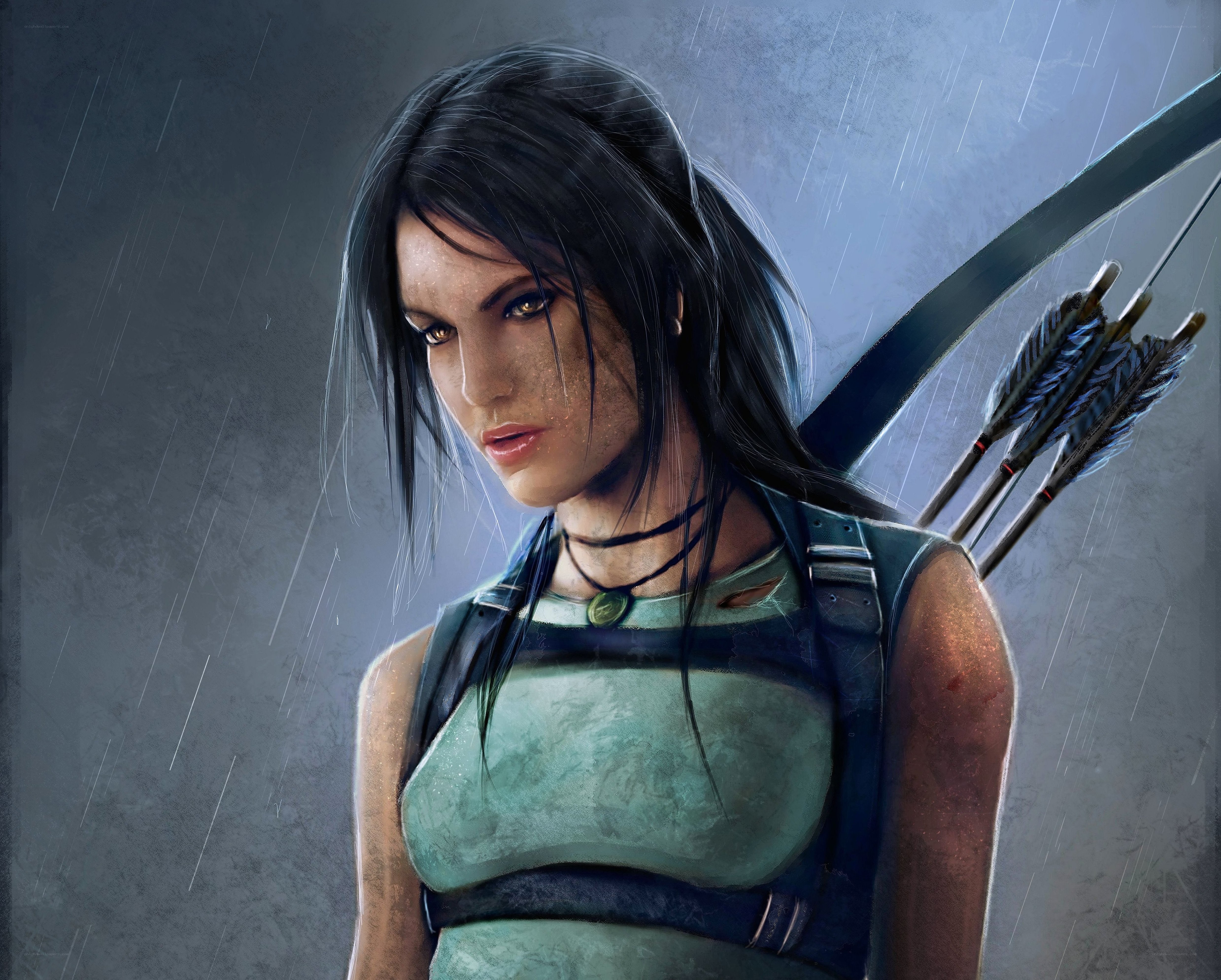 female archer in the rain