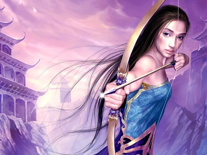 female archer in traditional attire