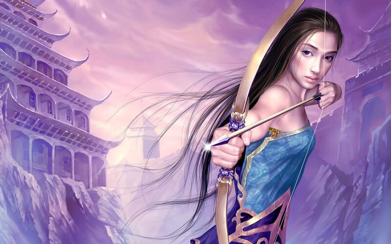 female archer in traditional attire
