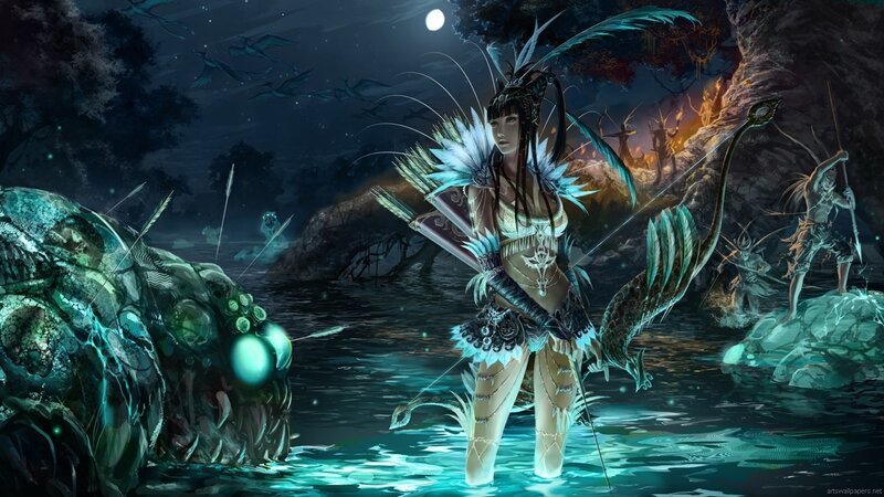 Female Archer in Water — Blue