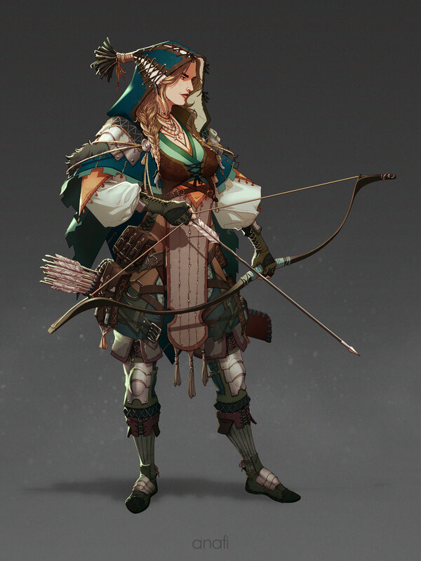 Female Archer Warrior — Green, Dramatic, Digital Art, Bow and Arrow