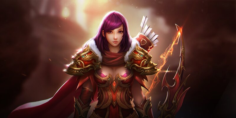 Female Archer Warrior — Purple, Dramatic, Digital Art, Bow