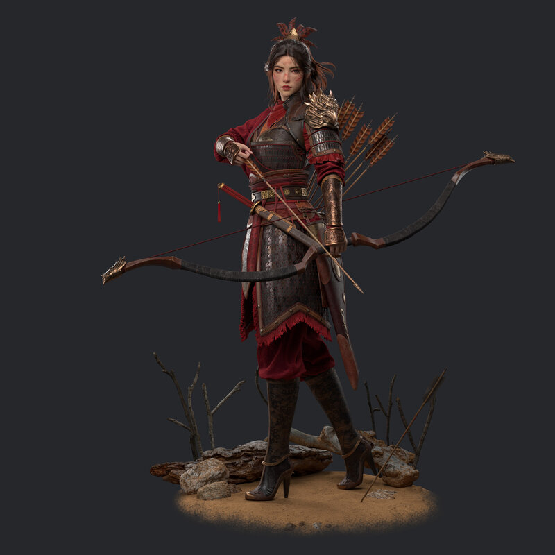 Female Archer Warrior — Red, Dramatic, 3d Render