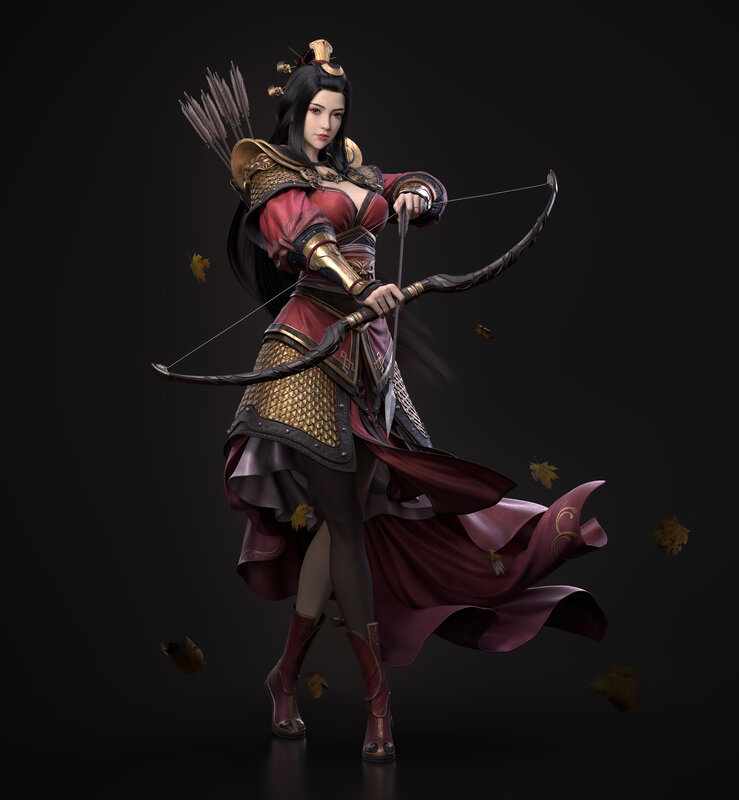 Female Archer Warrior — Red, Dramatic, Autumn
