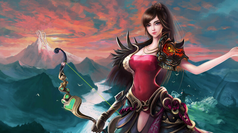 Female Archer Warrior — Red, Dramatic, Sunset
