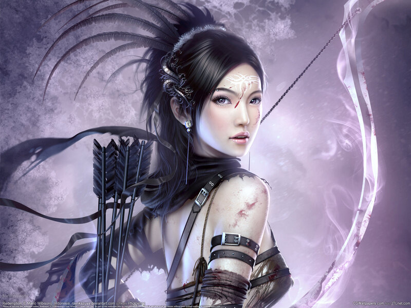 female archer with blood and feathers