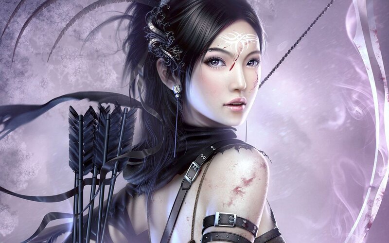 female archer with blood marks