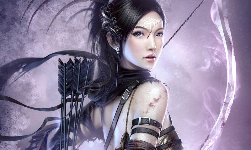 female archer with bloodied face