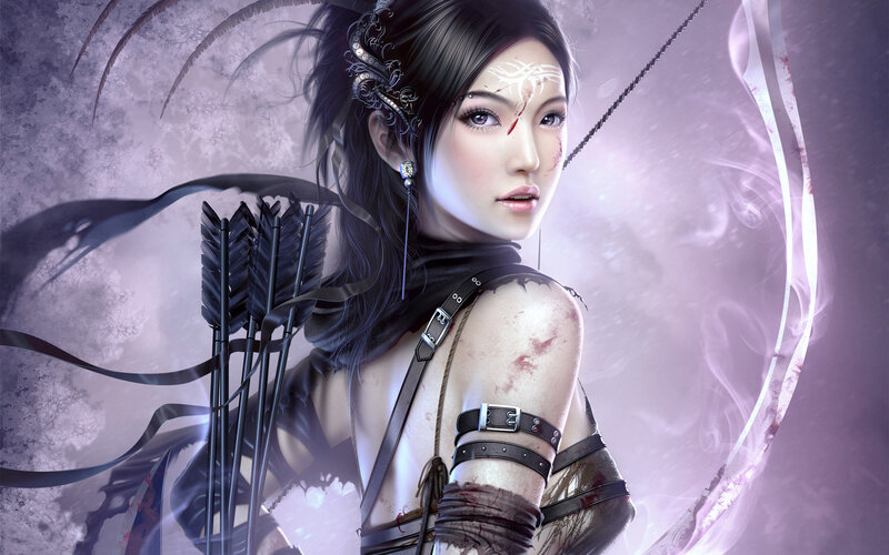 female archer with bloodied face