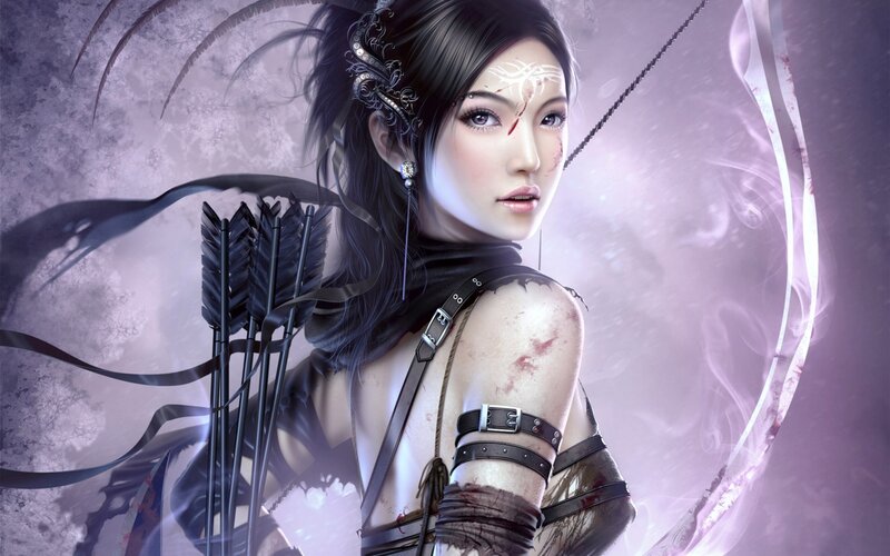 female archer with bloodied face