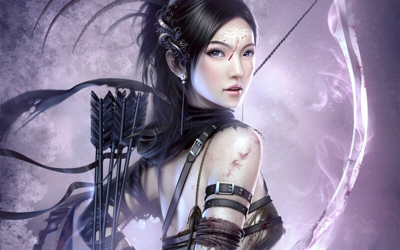 female archer with bloodied face