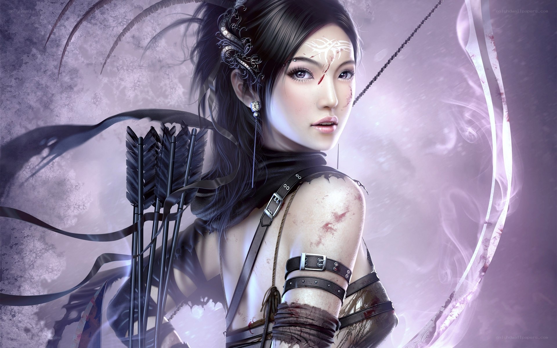 female archer with bloodied face