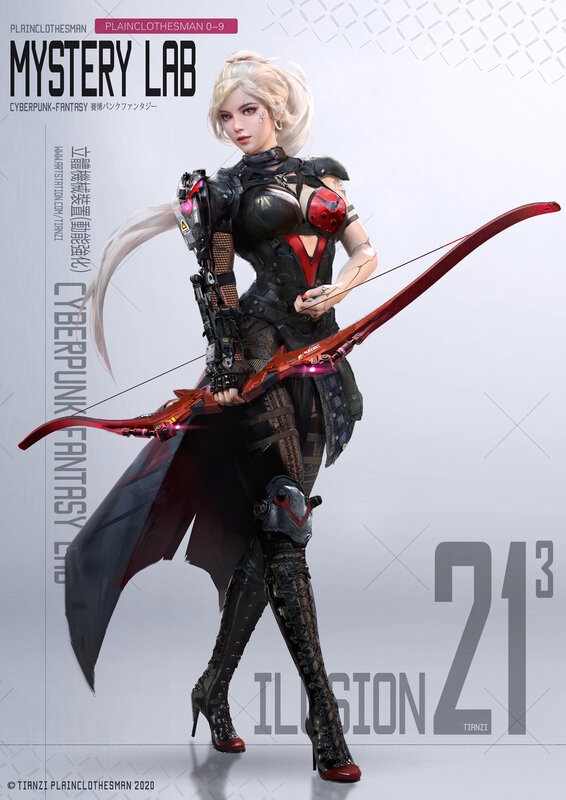 Female Archer with Bow — Black, Dramatic, Digital Art, Armor