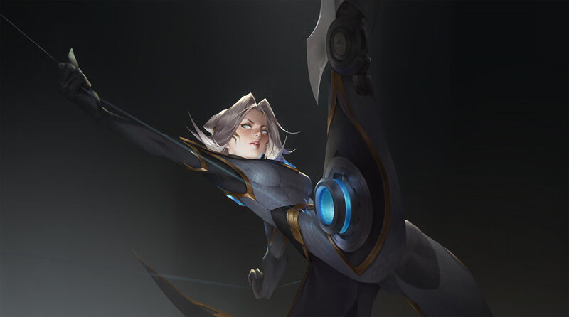 Female Archer with Bow — Black, Dramatic, Digital Art, Arrow