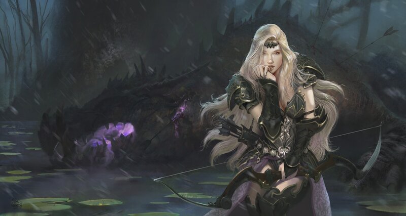 Female Archer with Bow — Black, Dramatic, Night, Digital Art