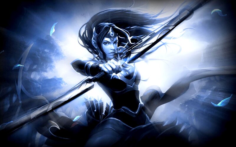 Female Archer with Bow — Blue, Dramatic, Digital Art, Arrow
