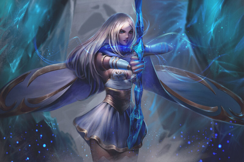 Female Archer with Bow — Blue, Dramatic, Digital Art, Cape