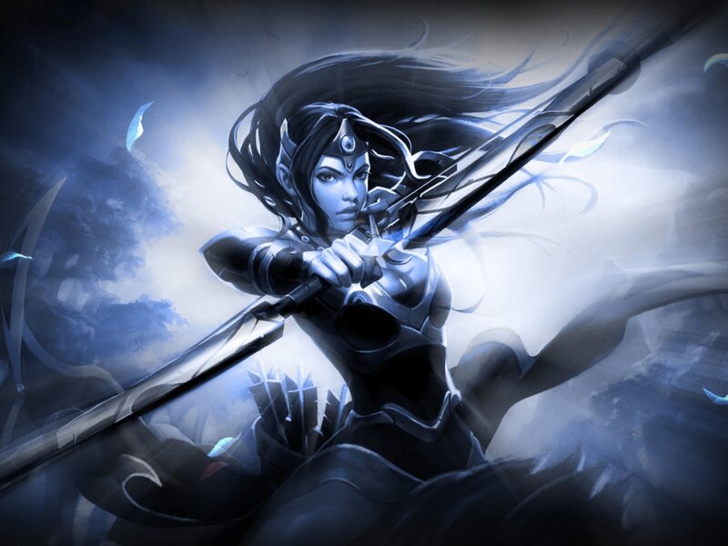 Female Archer with Bow — Blue, Dramatic, Night, Digital Art, Arrow