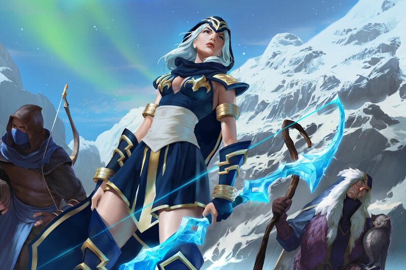 Female Archer with Bow — Blue, Dramatic, Night, Digital Art, Snowy Mountains