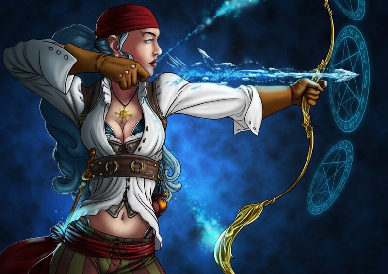Female Archer with Bow — Blue, Dramatic, Night, Digital Art