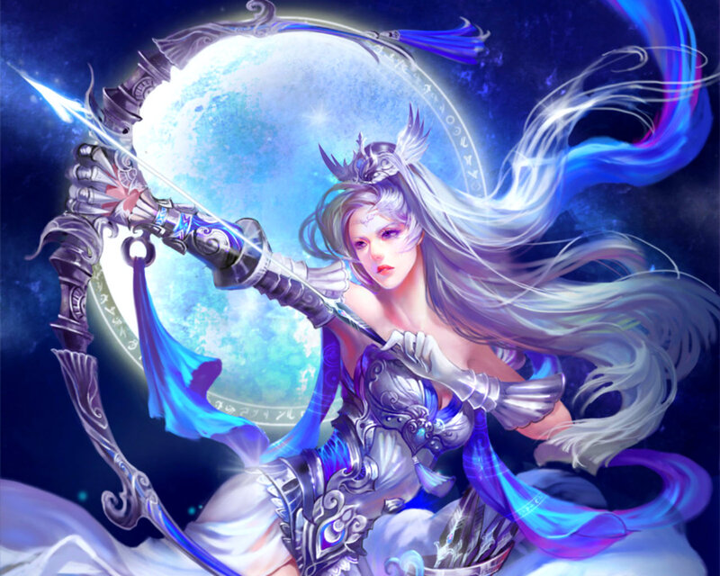 Female Archer with Bow — Blue, Dramatic