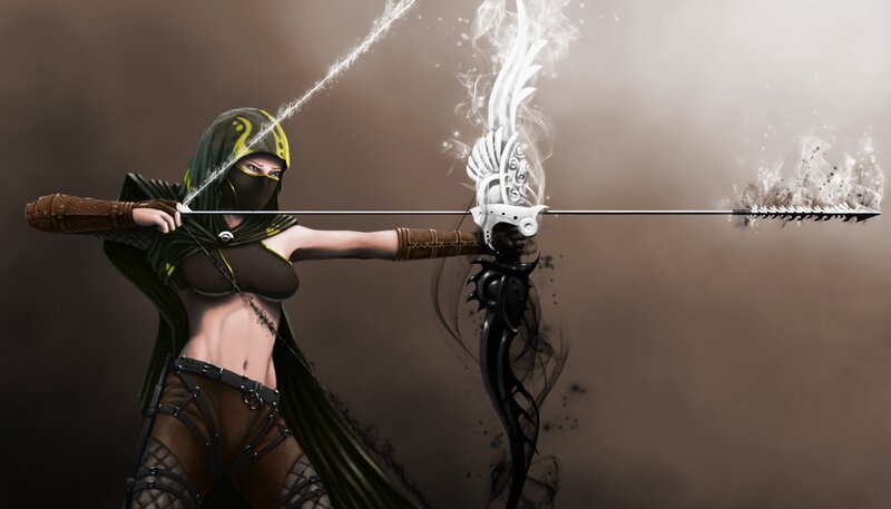 Female Archer with Bow — Brown, Dramatic, Digital Art, Arrow