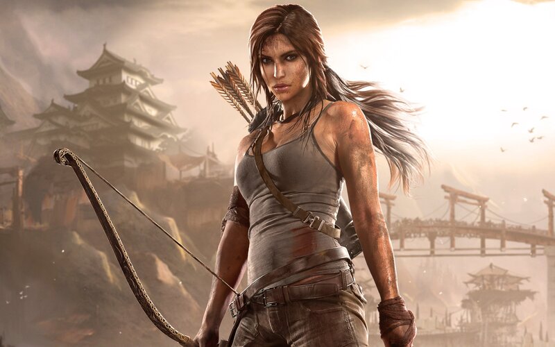 Female Archer with Bow — Brown, Dramatic, Sunset, Digital Art, Castle, Bridge, Arrows