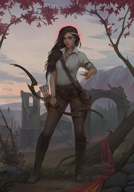 Female Archer with Bow — Brown, Dramatic, Sunset, Digital Art