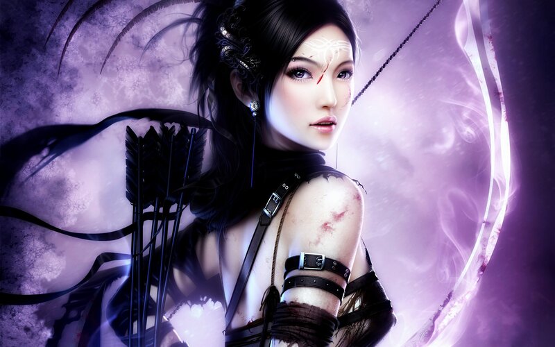 Female Archer with Bow — Purple, Dramatic, Digital Art, Arrow Quiver