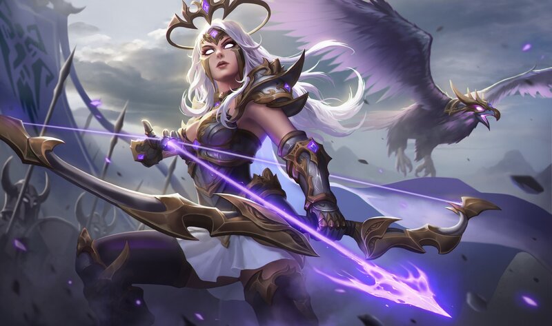 Female Archer with Bow — Purple, Dramatic, Digital Art, Bird