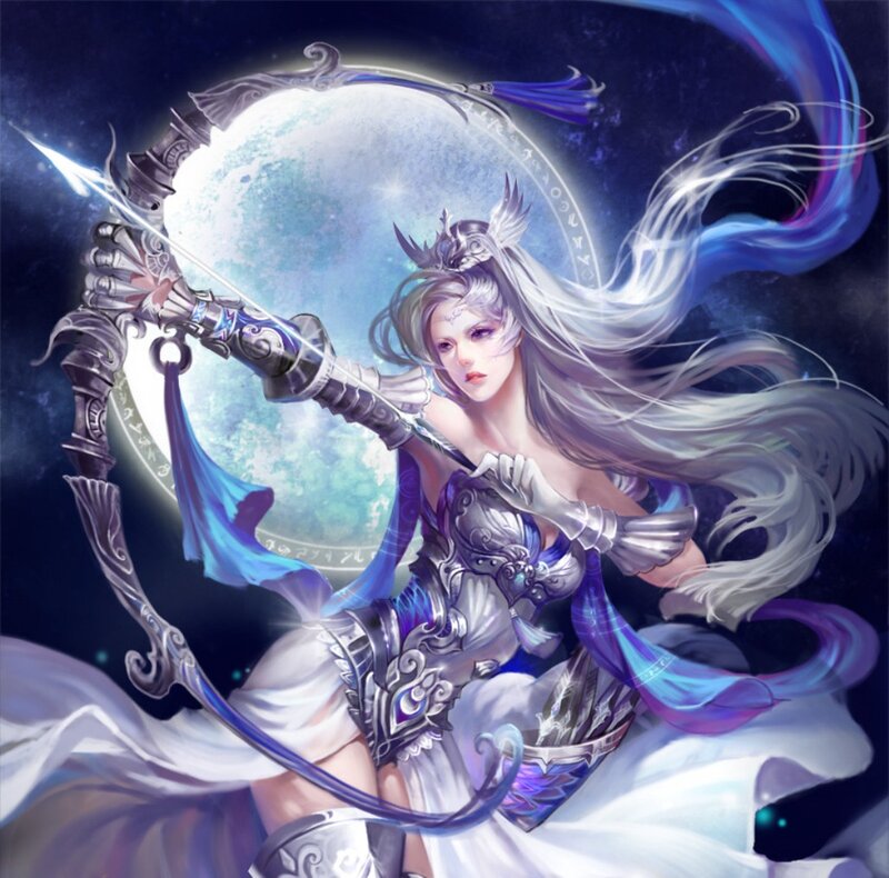 Female Archer with Bow — White, Dramatic, Night, Digital Art