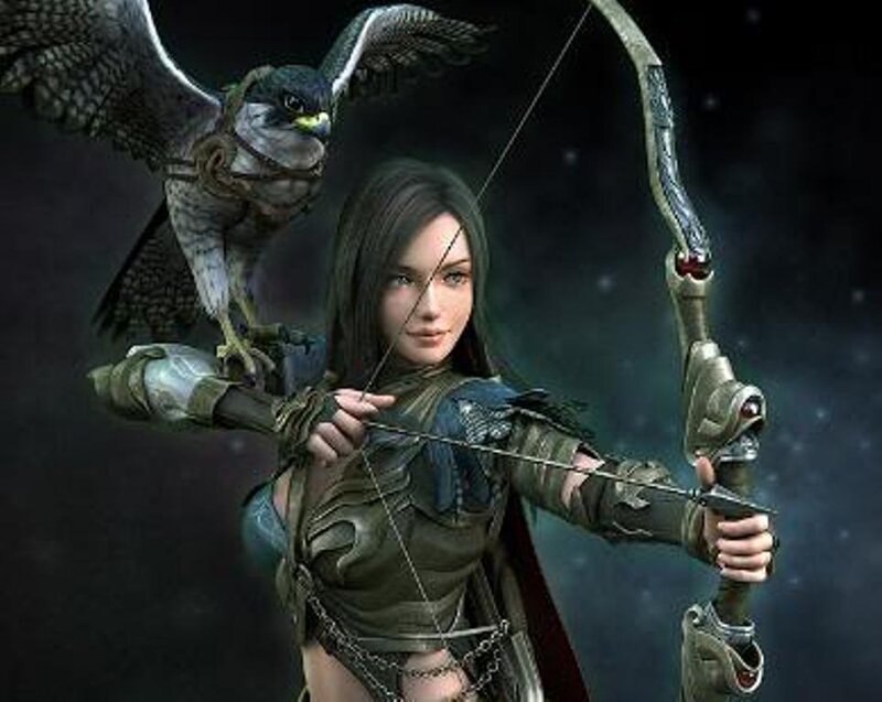 female archer with falcon