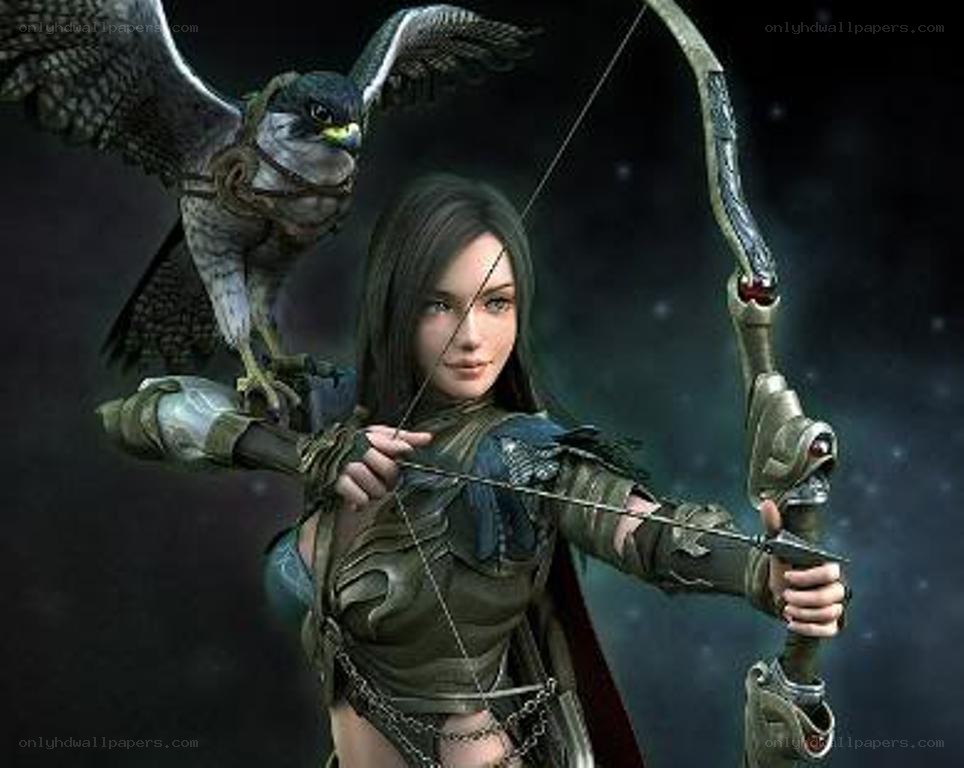 female archer with falcon
