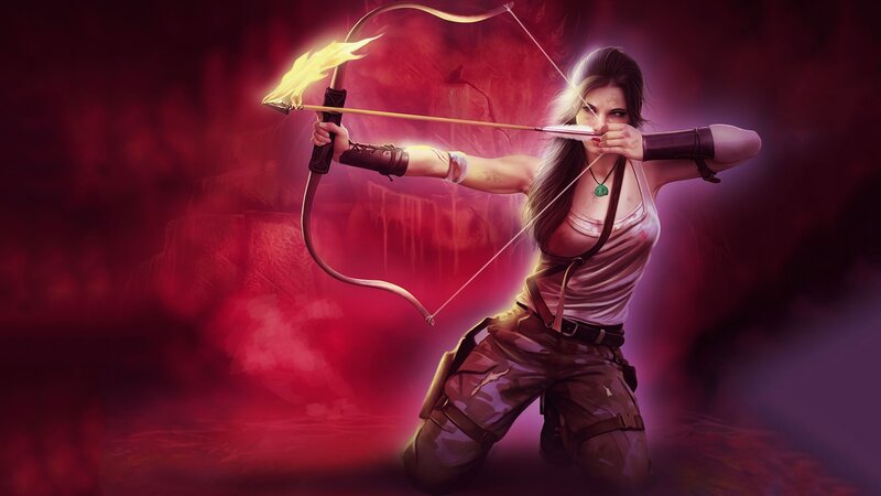 female archer with flaming arrow