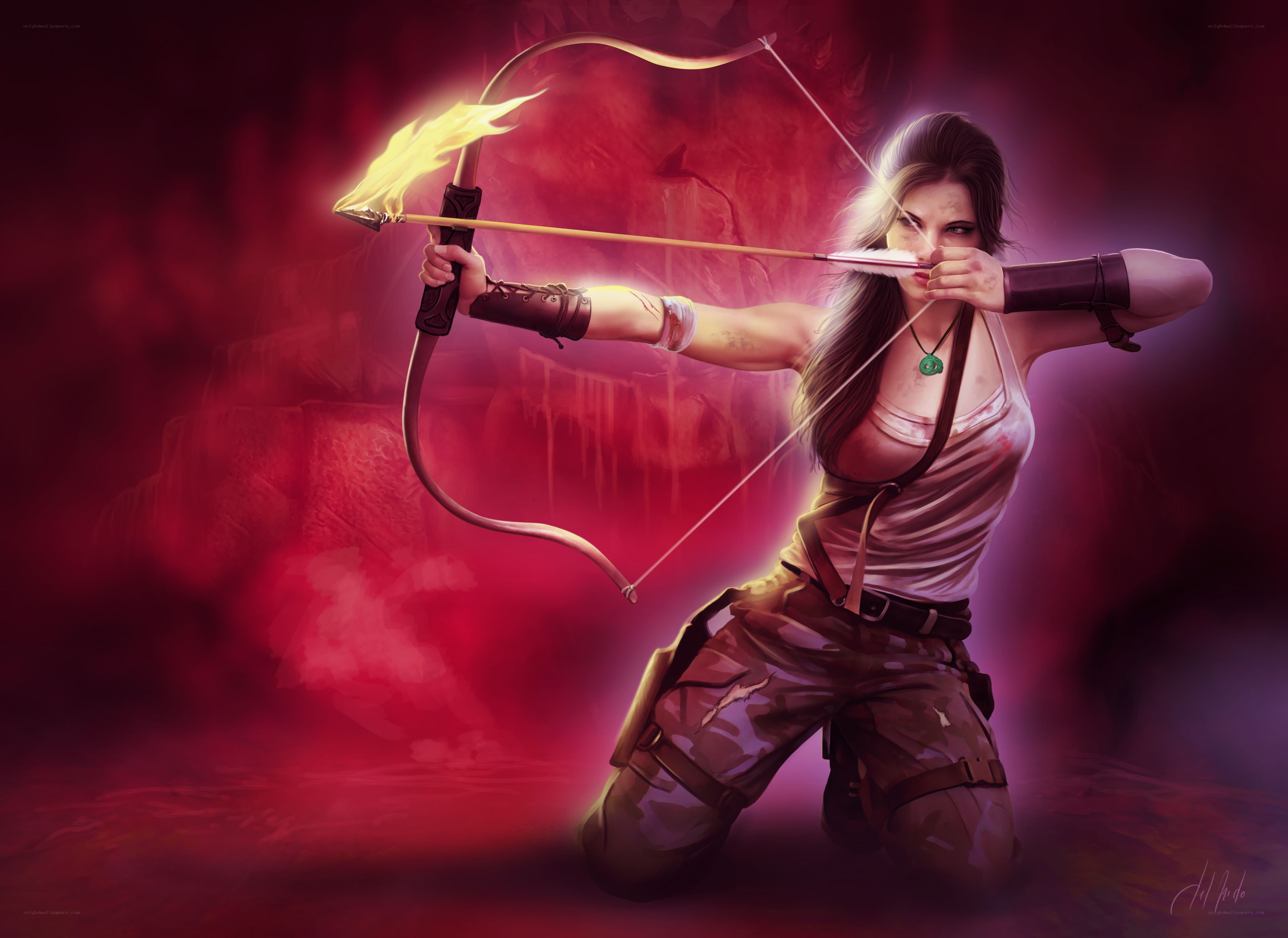 female archer with flaming arrow