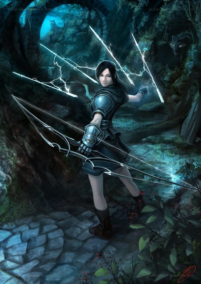 female archer with lightning arrows