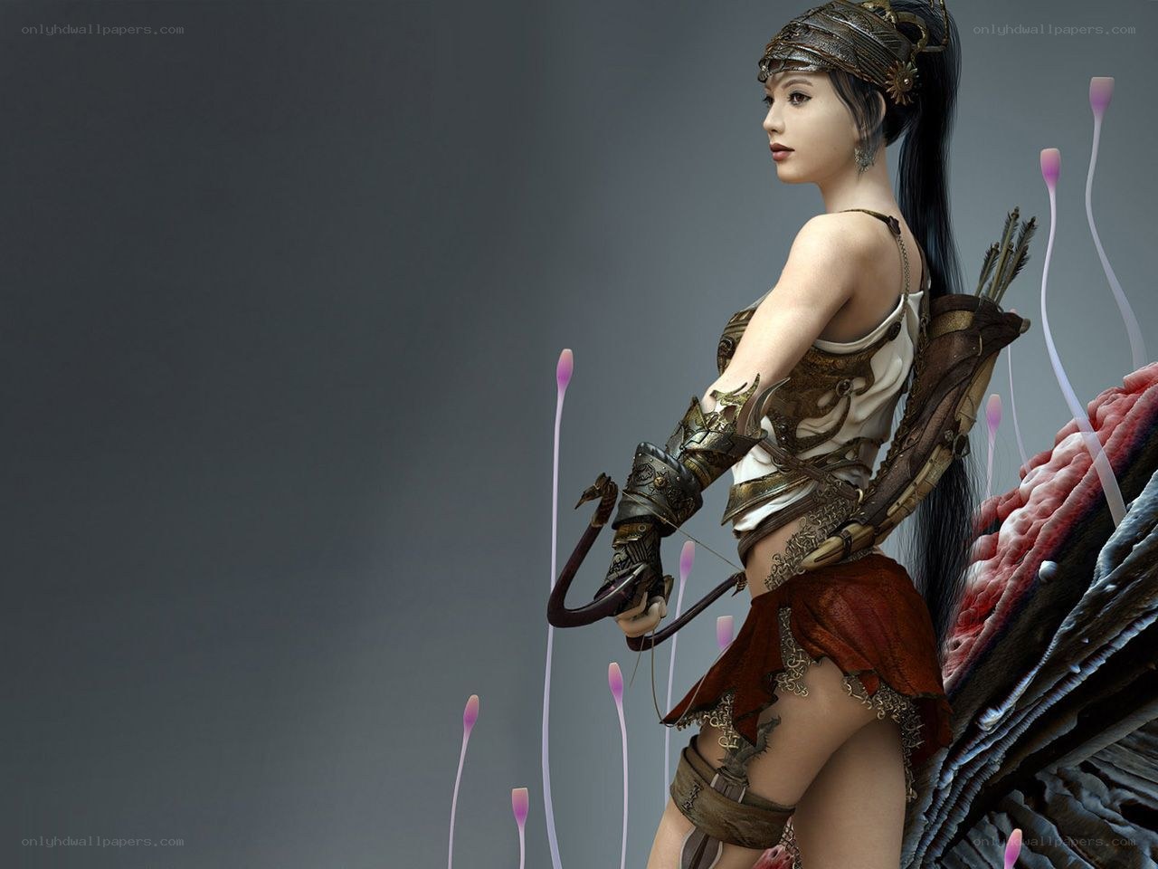 female archer with mechanical arm